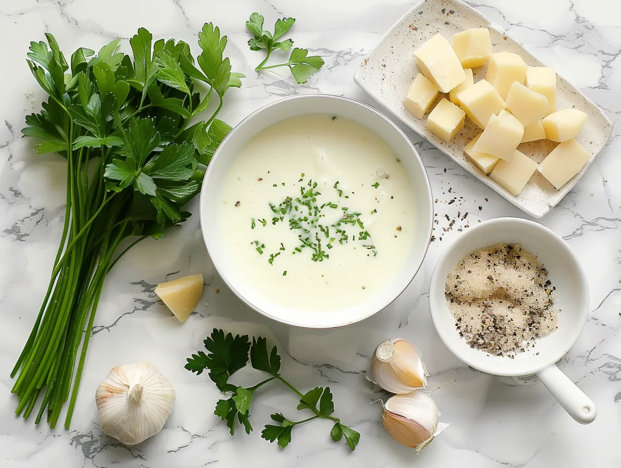 All the necessary ingredients you need to create a creamy Chicken Alfredo Soup