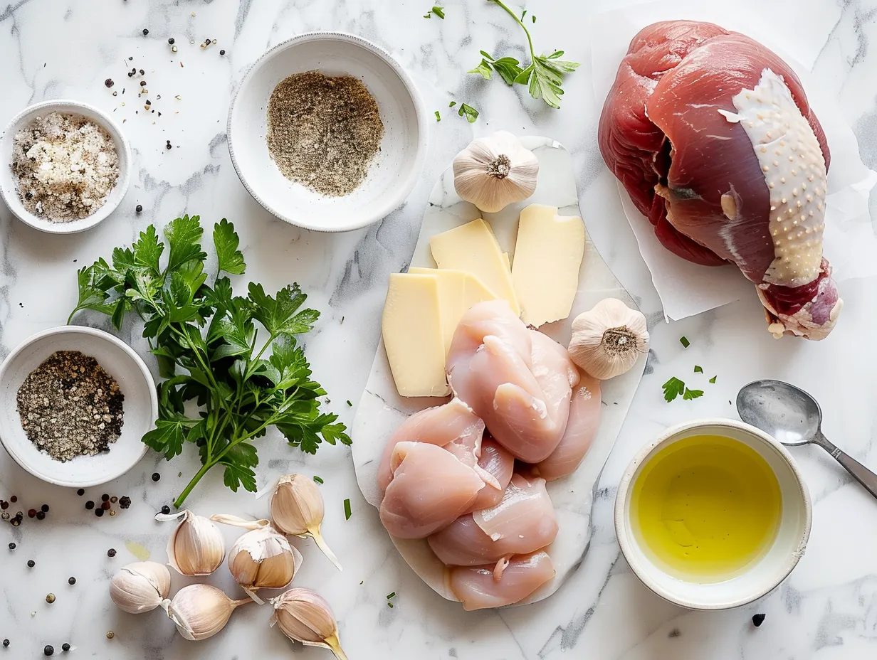 Ingredients for making Chicken Cordon Bleu Soup including chicken, ham, swiss cheese, cream cheese, and spices.