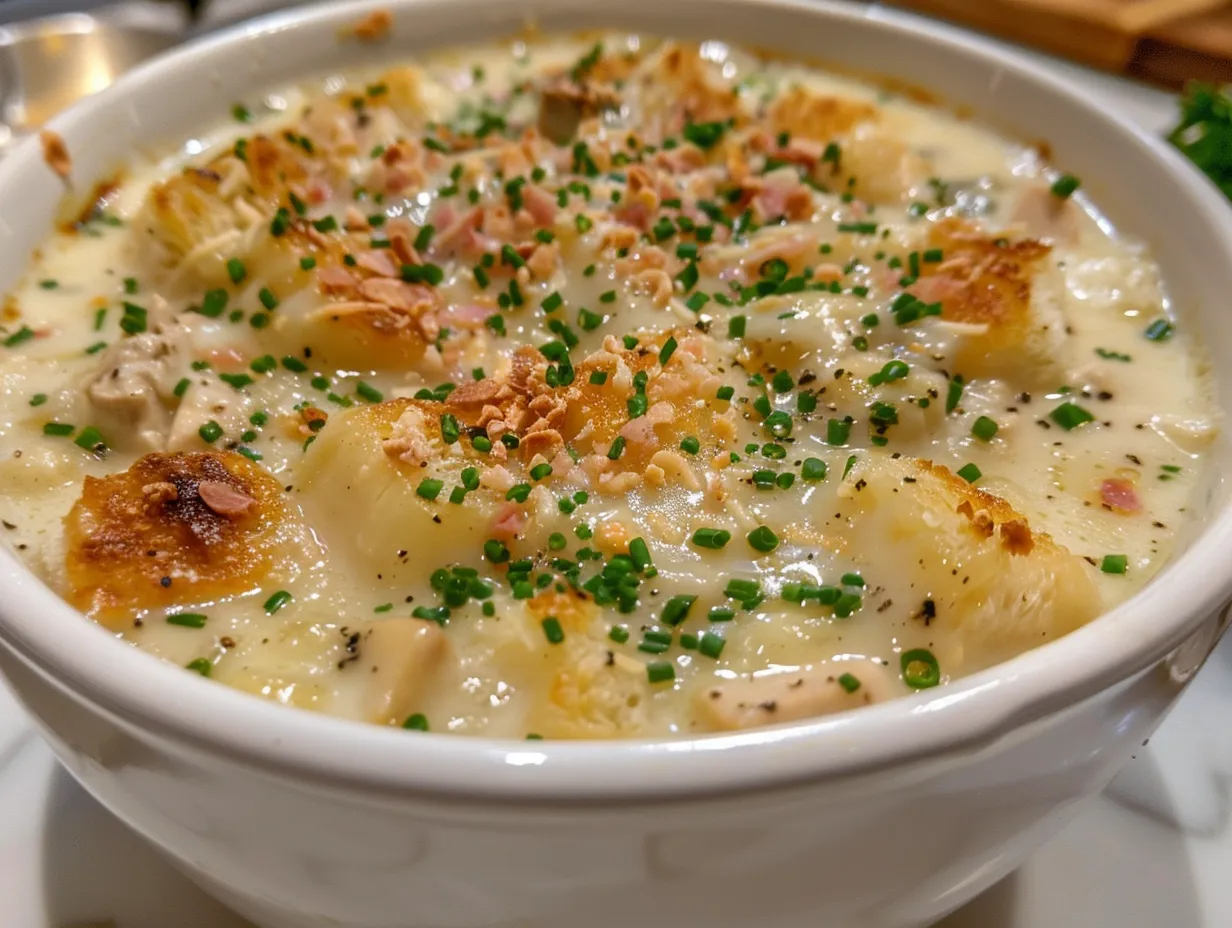 Plated Chicken Cordon Bleu Soup garnished with fresh parsley and swiss cheese.