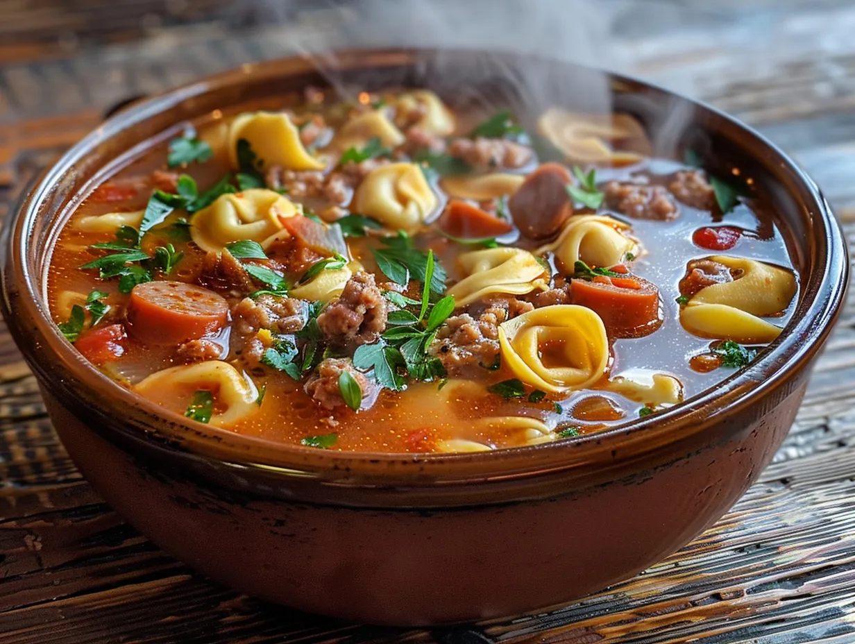 A bowl of comforting Tortellini Soup with Sausage garnished with fresh basil