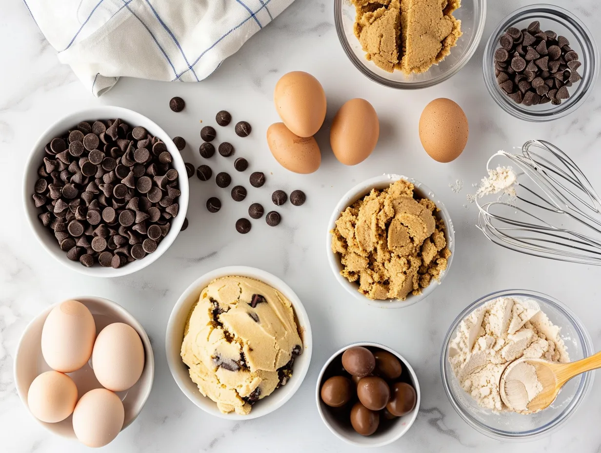 Ingredients for making cookie dough bars arranged on a marble countertop