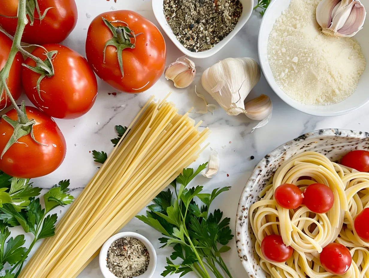 All the raw ingredients needed to make Cowboy Chicken Linguine.