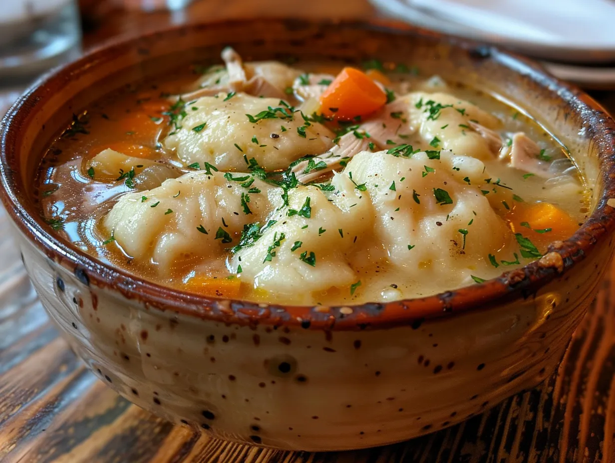 Bowl of creamy Chicken and Dumpling Soup garnished with fresh herbs