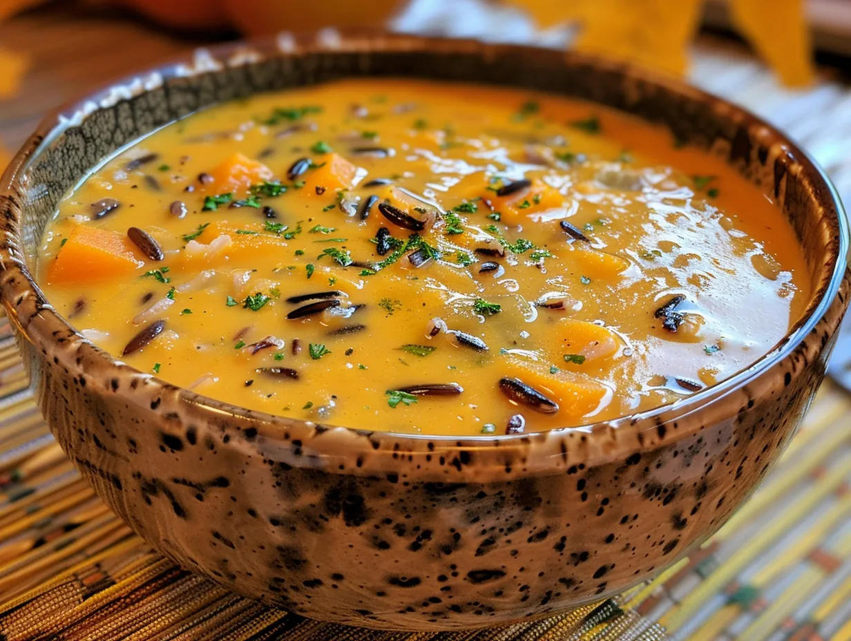 A cozy bowl of creamy Pumpkin Wild Rice Soup garnished with pumpkin seeds