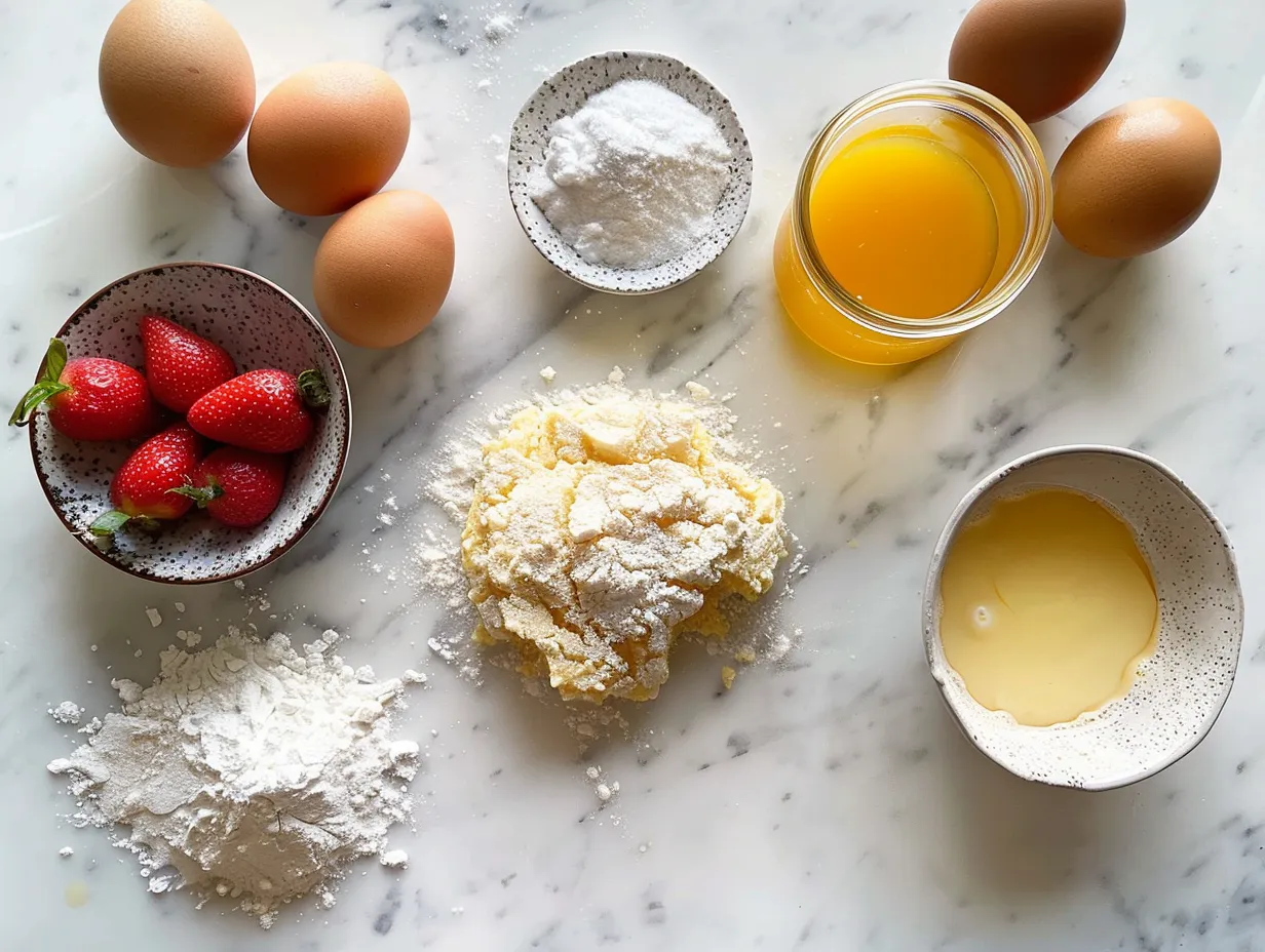 Ingredients for Creamy Yogurt Cake including flour, sugar, eggs, butter, yogurt, and lemon