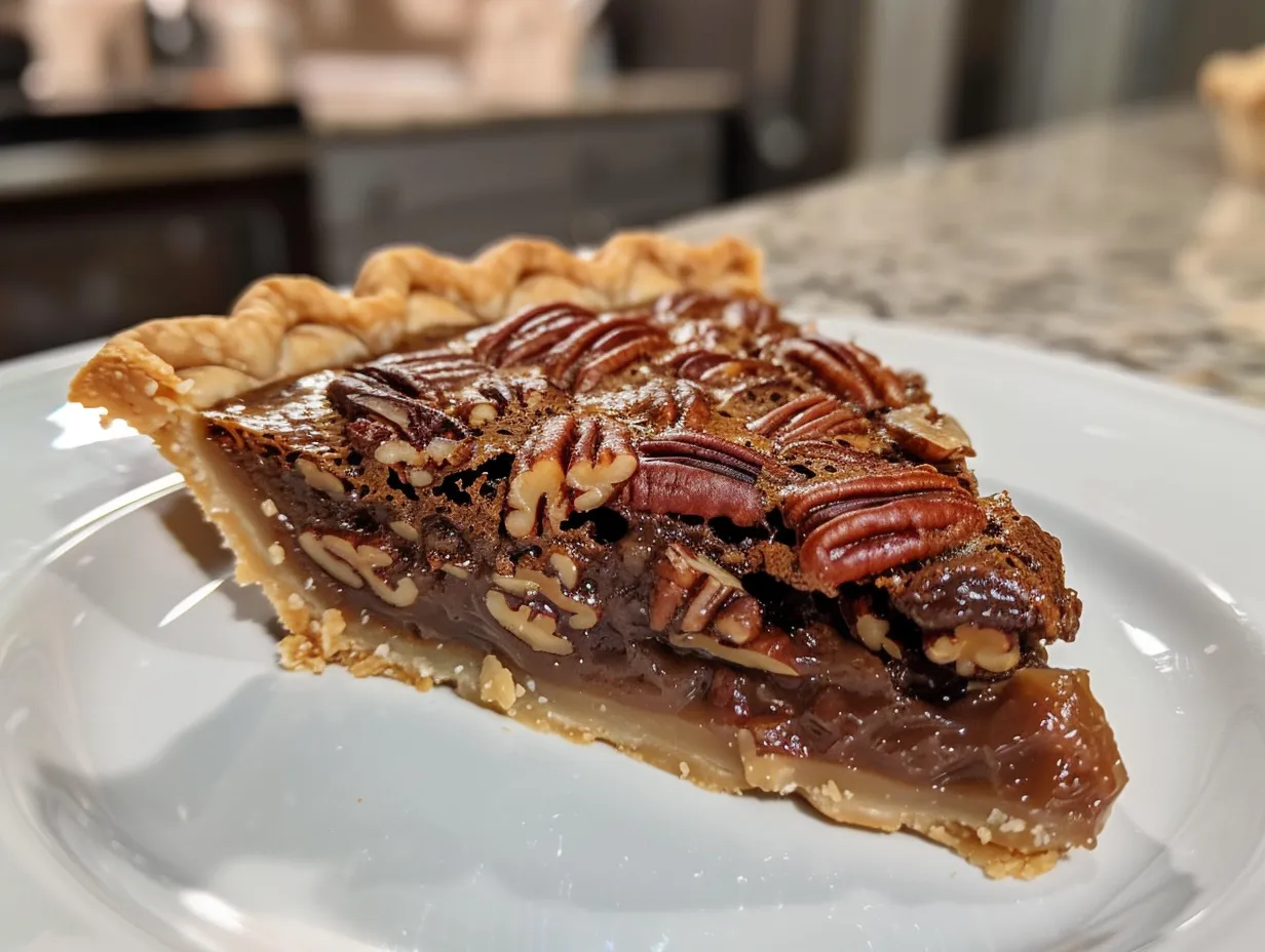 Decadent Texas Chocolate Pecan Pie on a plate