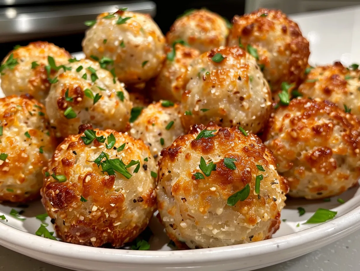 Delicious and golden Cheddar Bay Biscuit Sausage Balls served on a plate