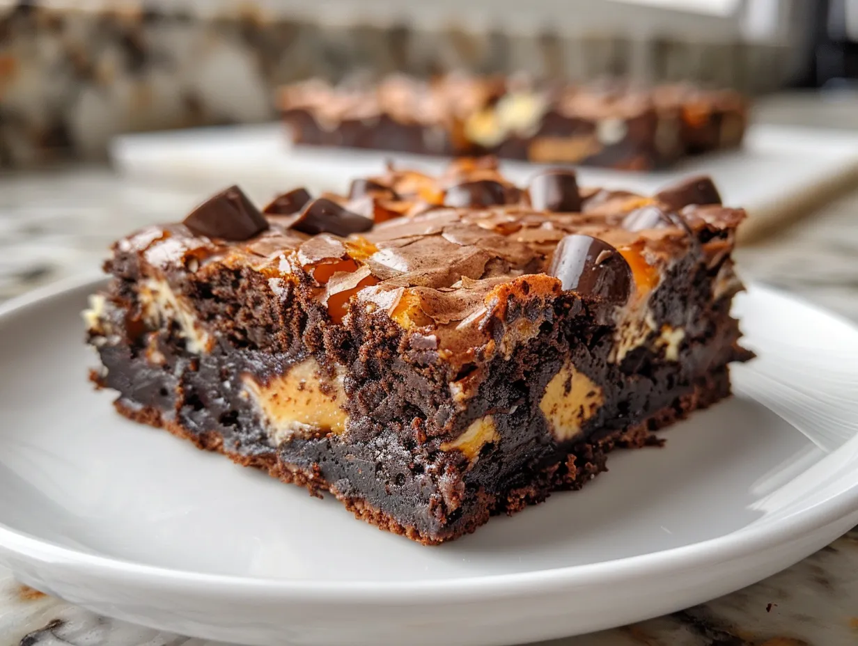 Delicious Loaded Cream Cheese Halloween Brownies served on a spooky Halloween themed plate