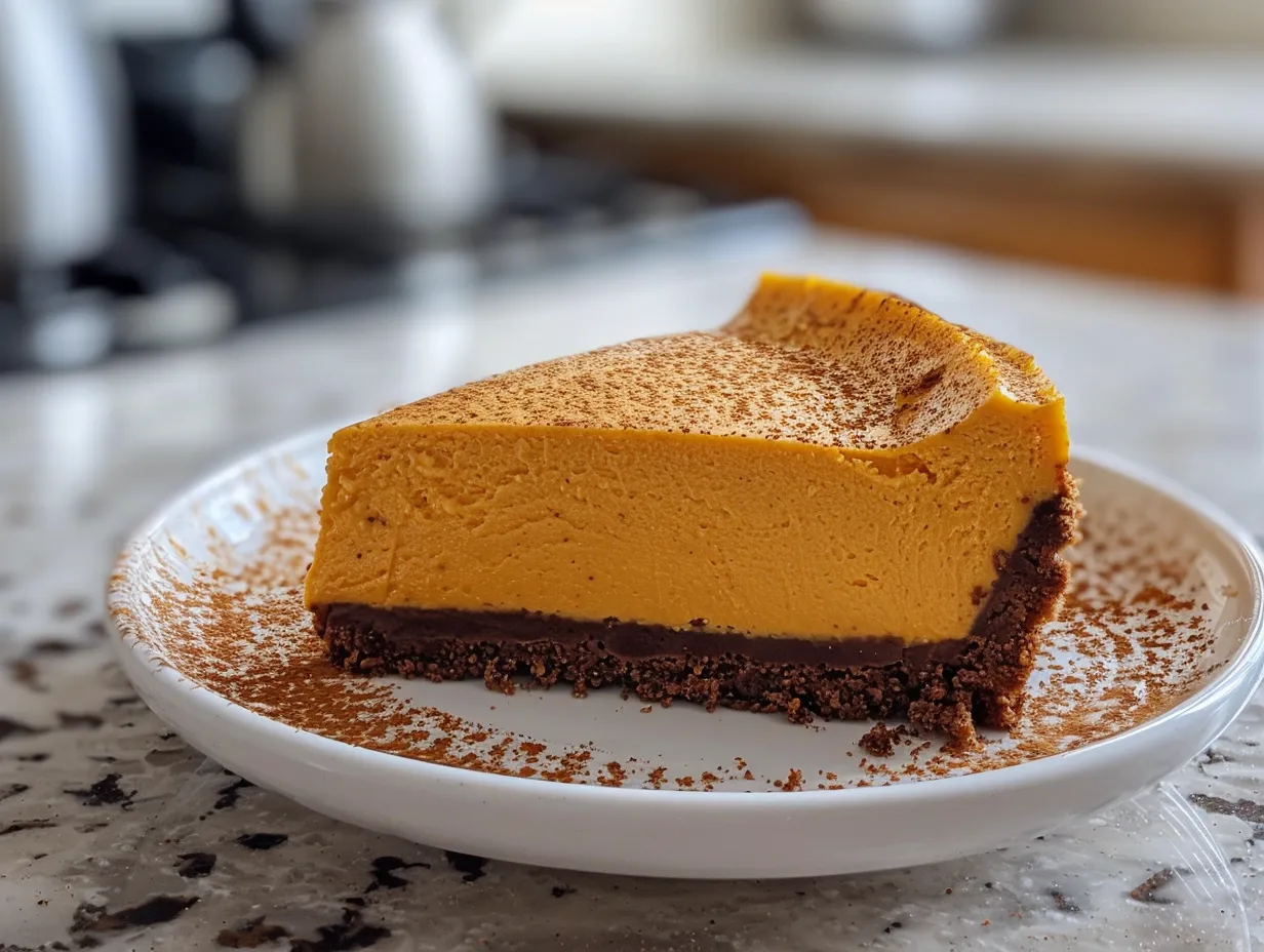 Delicious No-Bake Pumpkin Cheesecake with caramel drizzle.