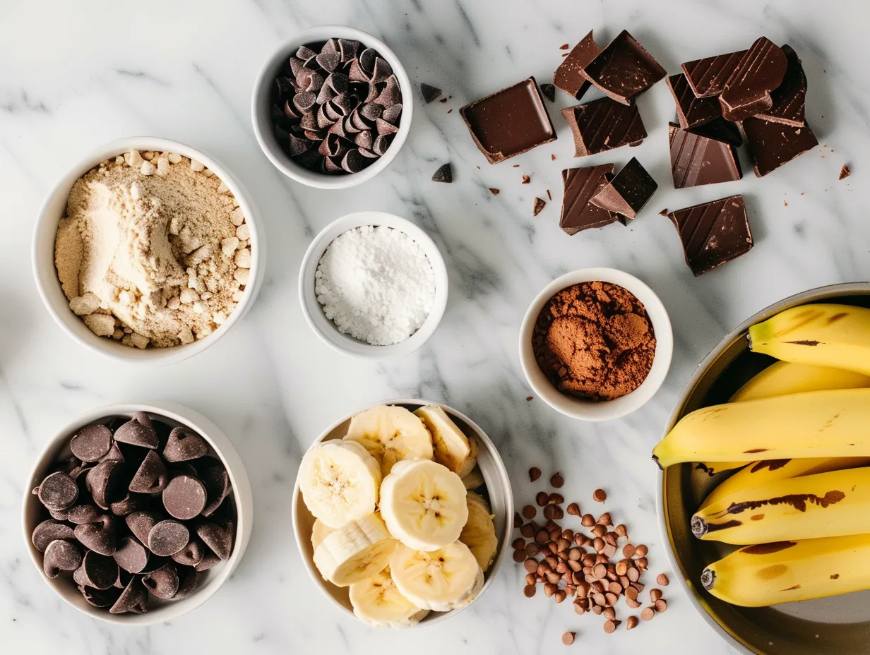 All the necessary ingredients to make this decadent Double Chocolate Banana Bread