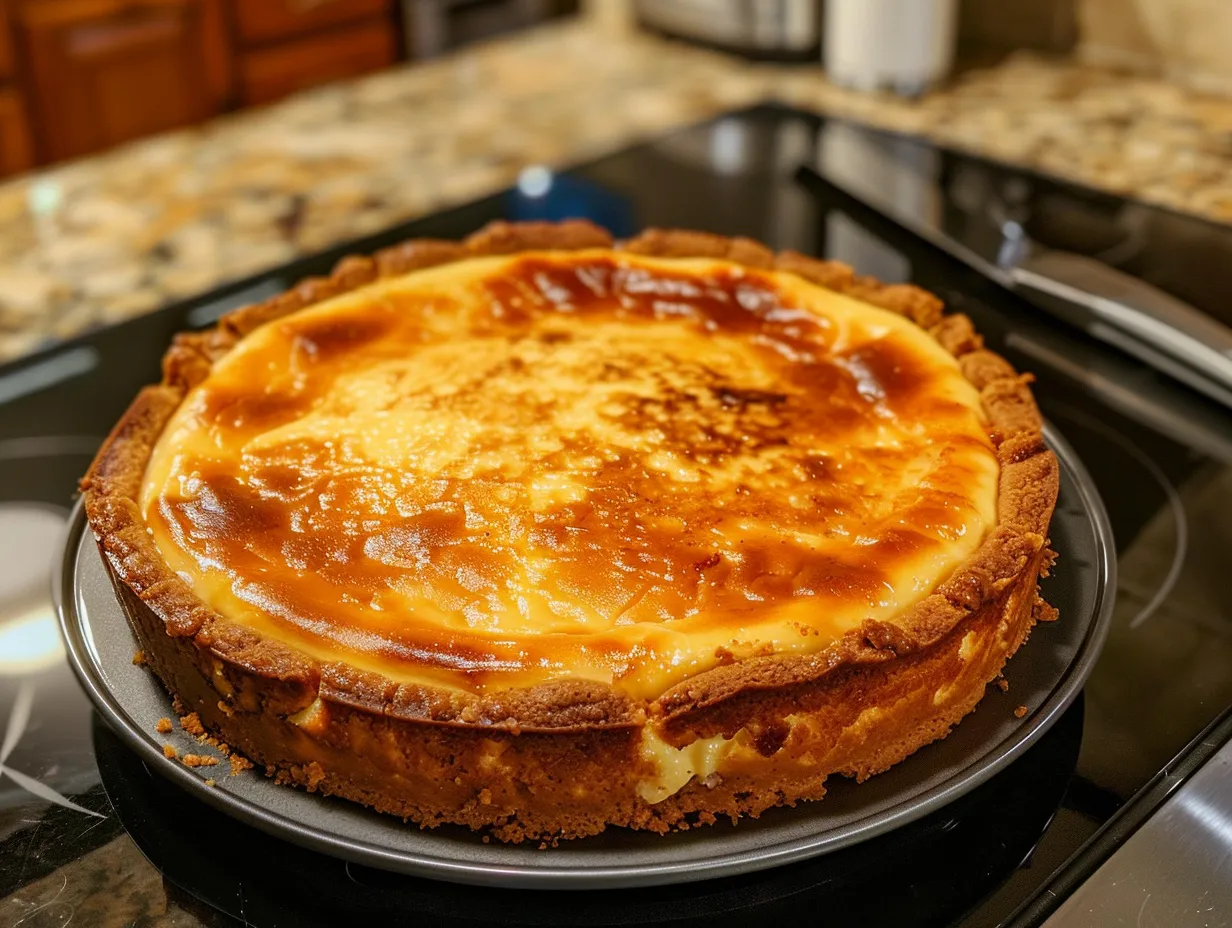Finished Apple Cider Cheesecake drizzled with caramel sauce.