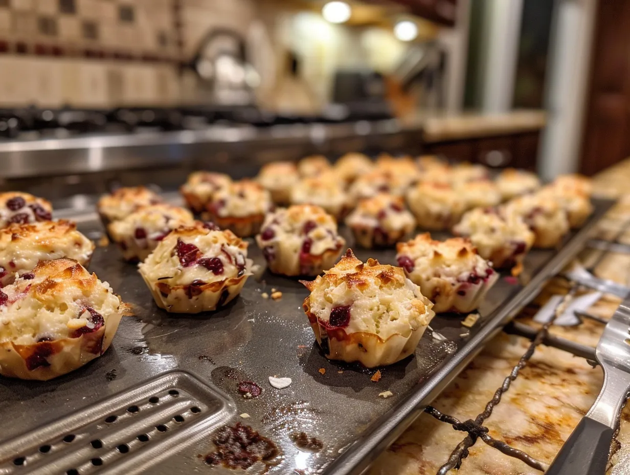 Finished cranberry brie bites on a platter, ready to serve.