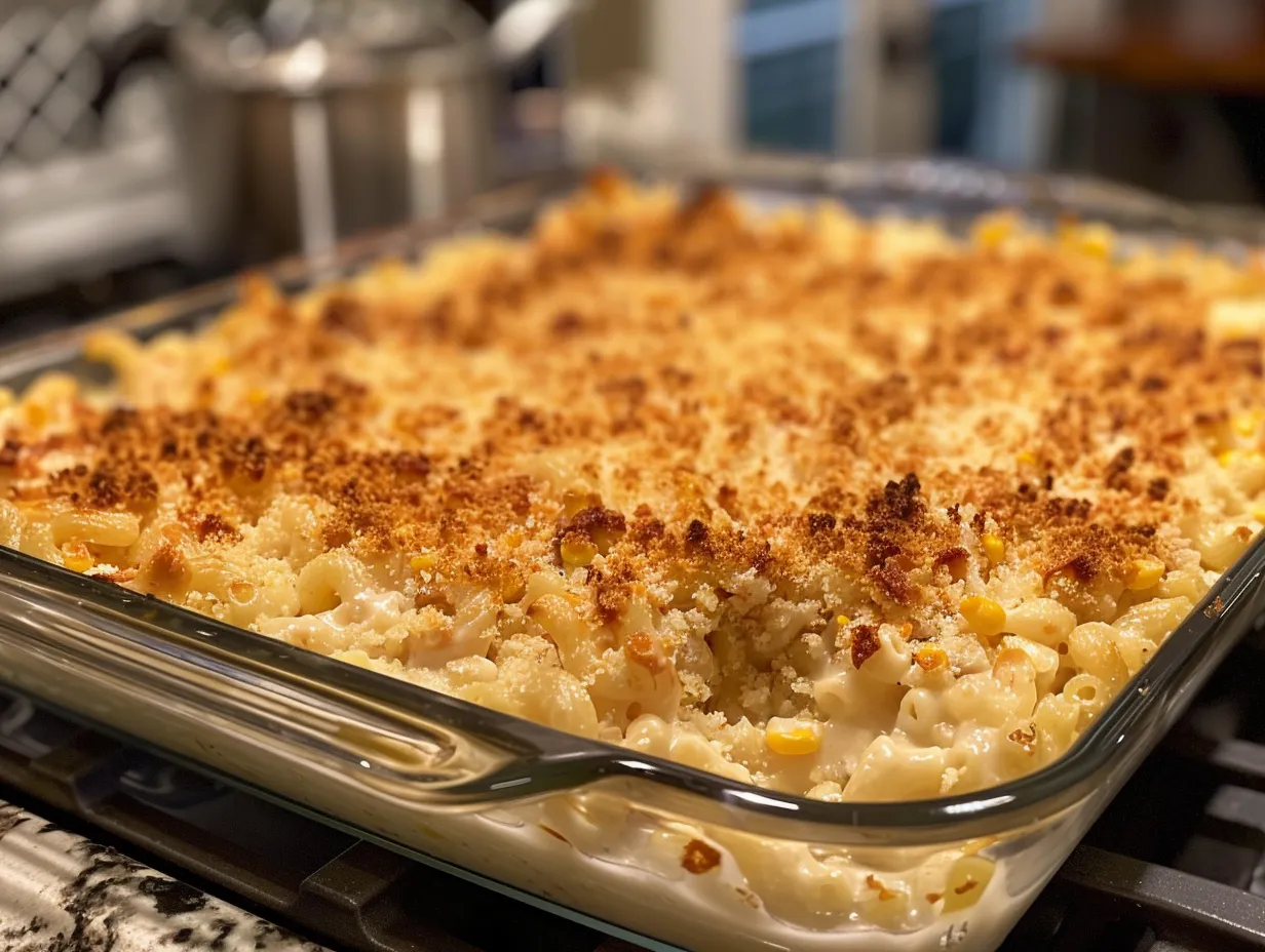 Finished Macaroni Corn Casserole golden brown and bubbly
