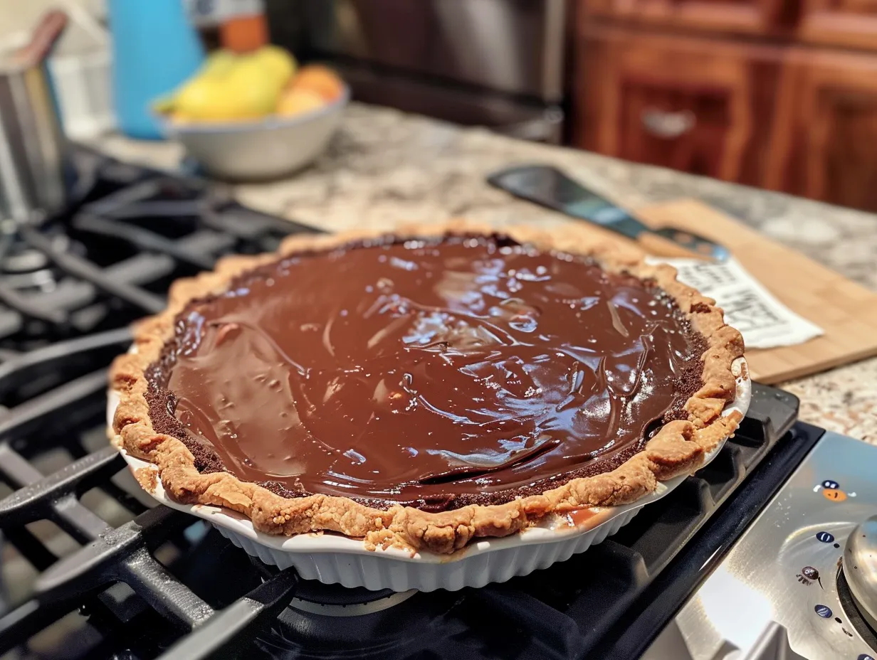 A finished Mississippi Mud Pie with a Creamy Chocolate Filling sits on a plate, ready to be sliced and served.