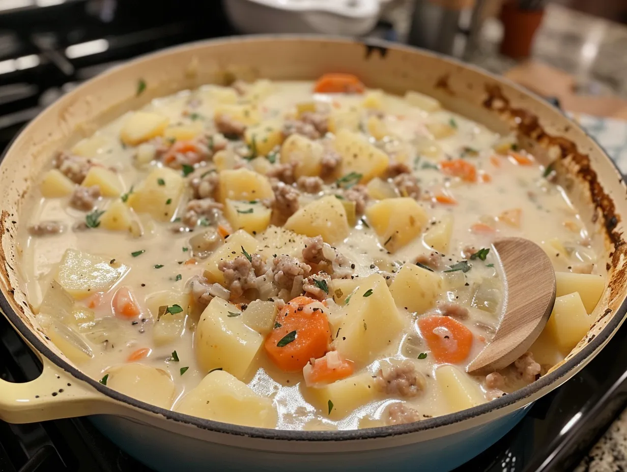 Finished potato and sausage chowder cooking on the stove in a pot.