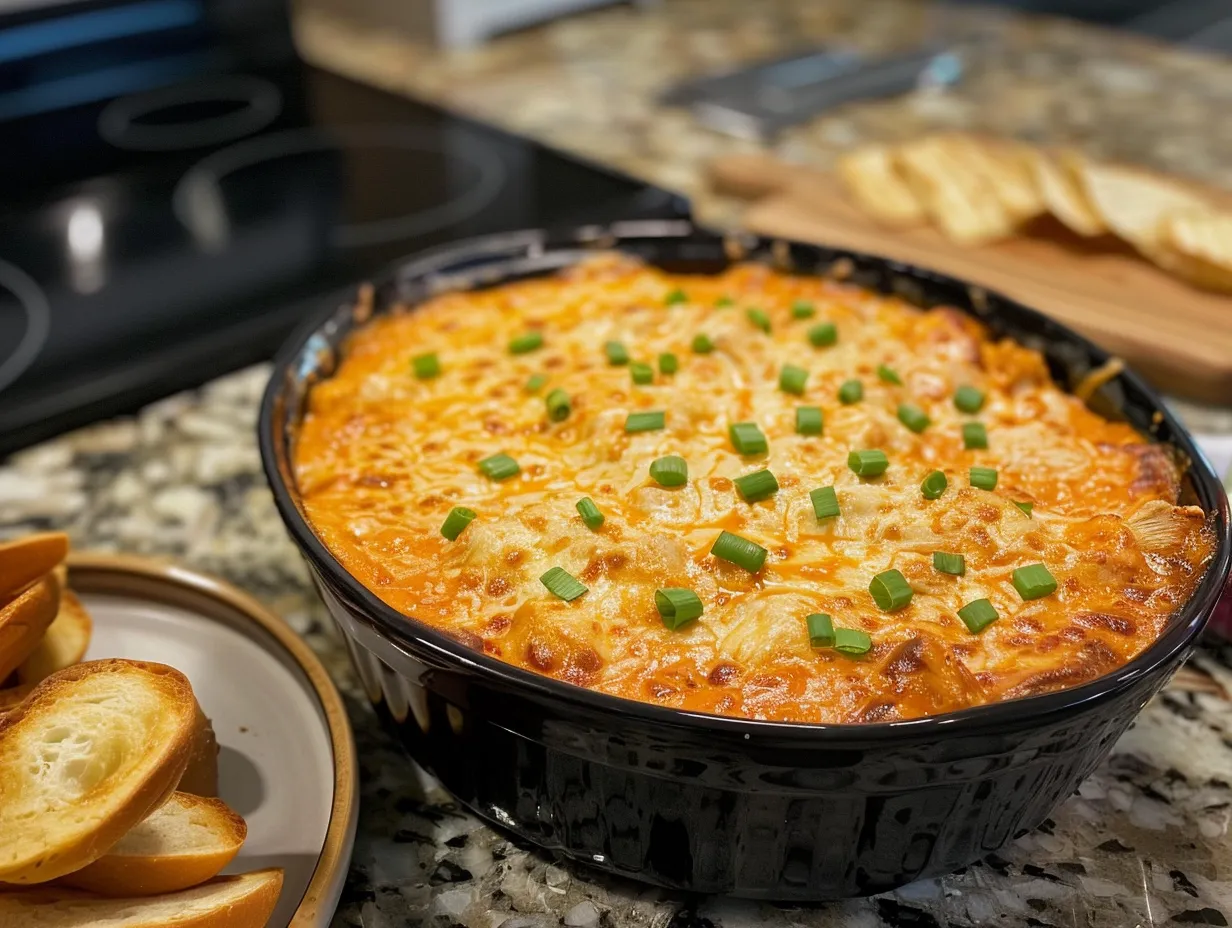 Finished slow cooker buffalo chicken dip on display with tortilla chips.