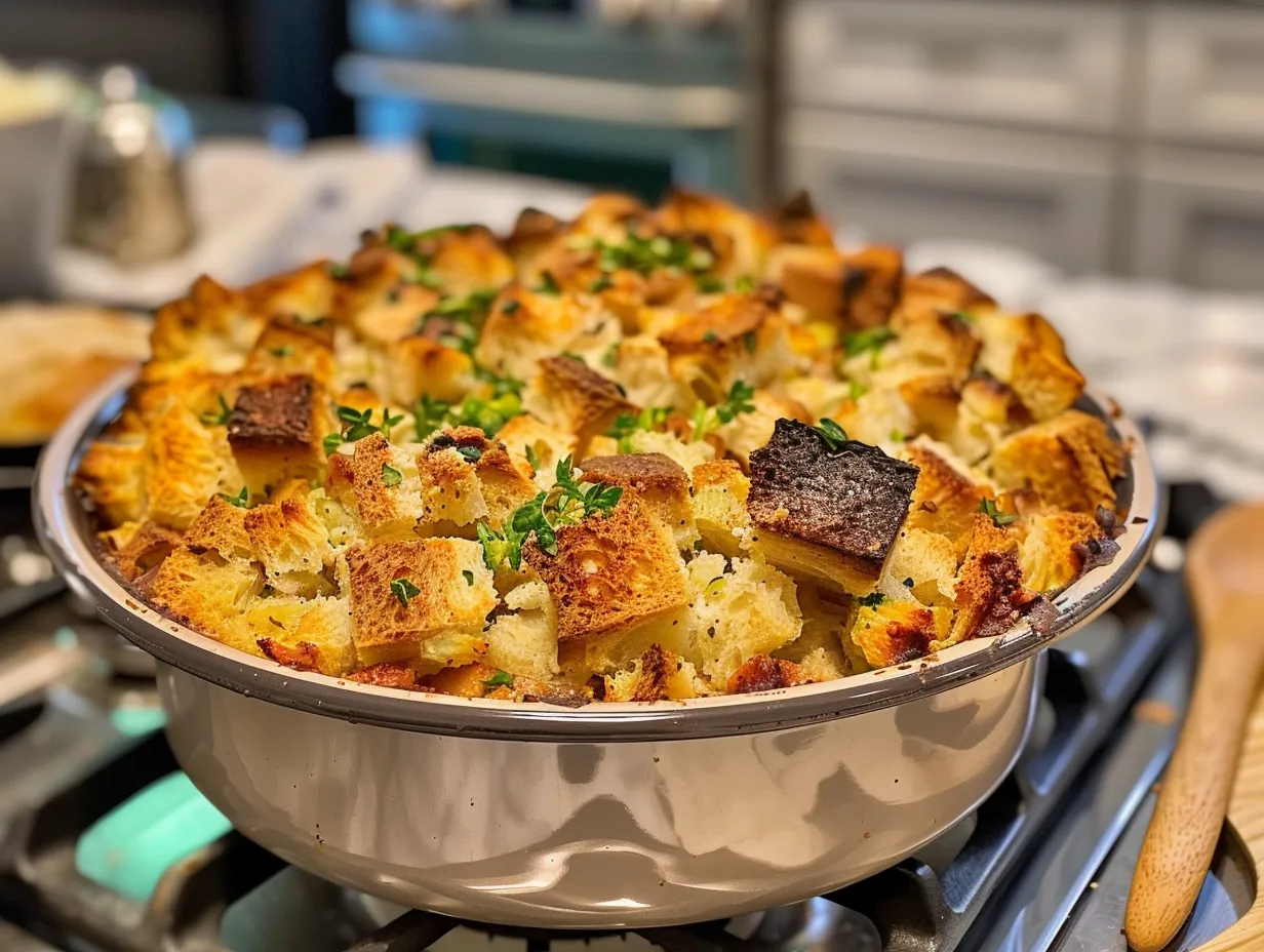 Delicious finished Turkey Crockpot Stuffing in a slow cooker, ready to serve.