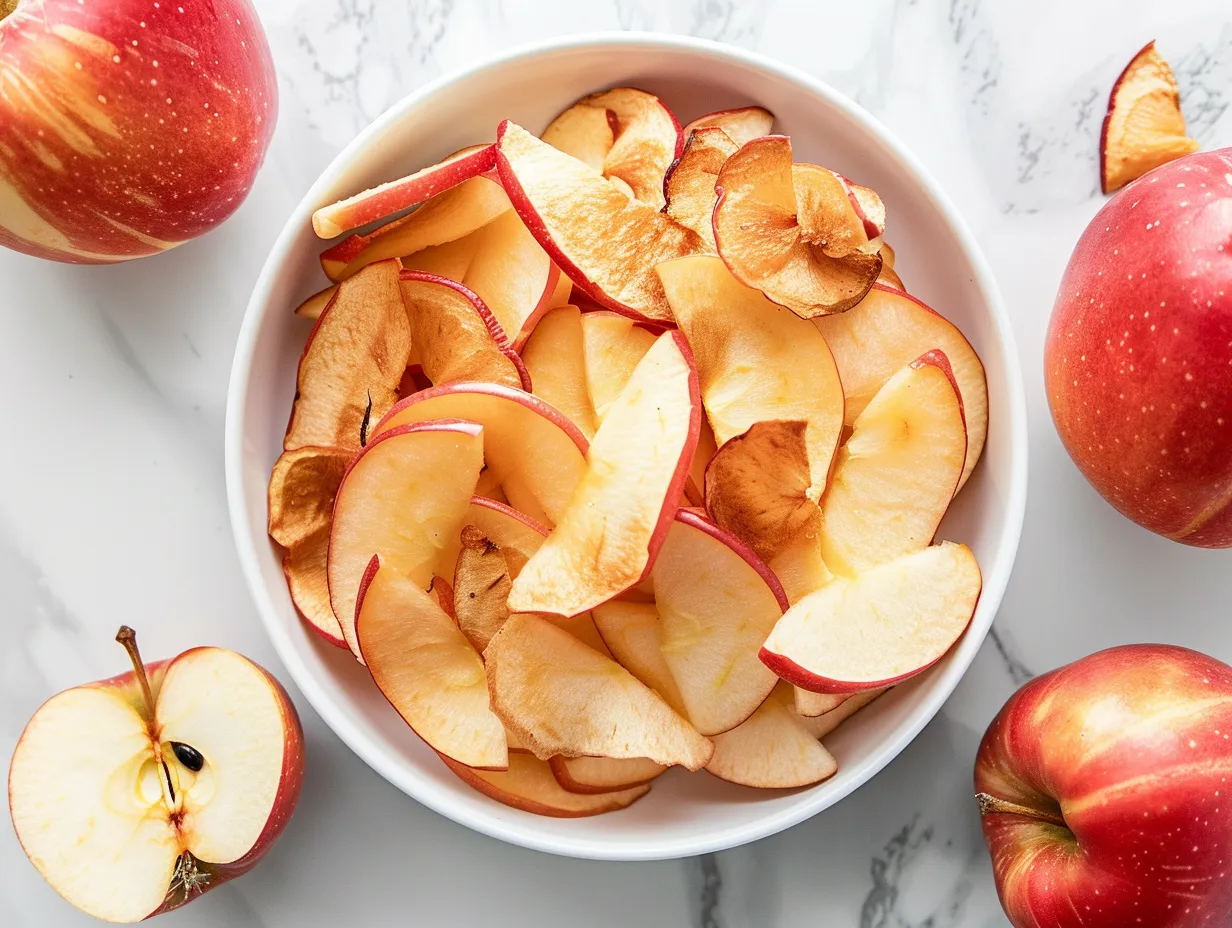 Ingredients for making apple chips in an air fryer: apples, lemon juice, cinnamon, and sugar
