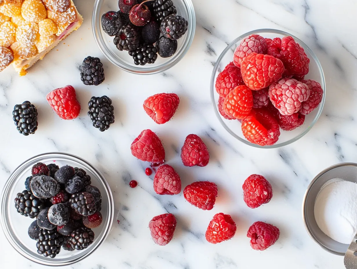 All the fresh ingredients laid out for making a delicious berry cheesecake.