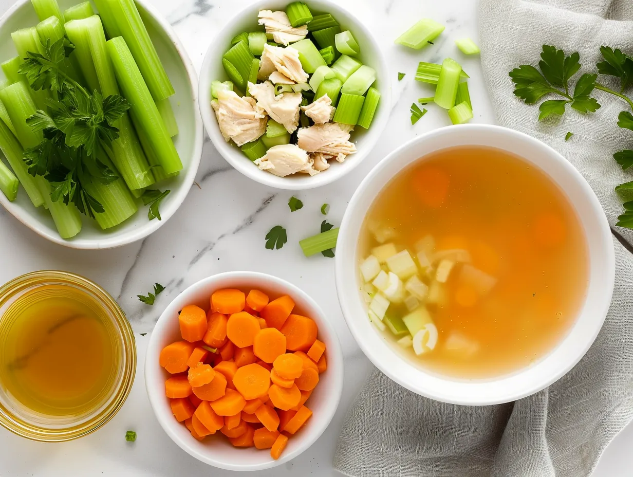 A vibrant display of fresh ingredients, including chicken, carrots, celery, and herbs, ready to be transformed into a delicious Chicken Pot Pie Soup.