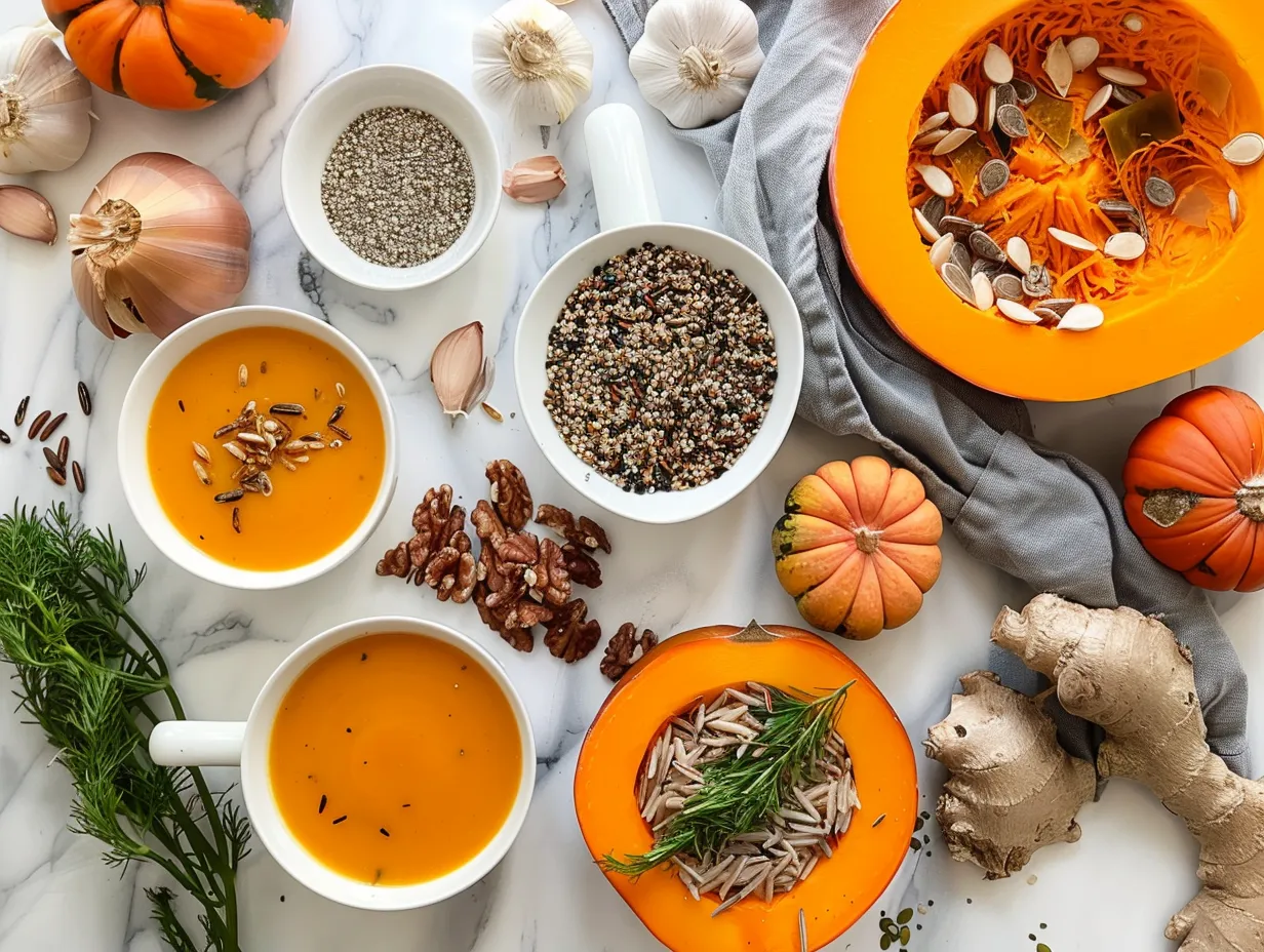 Fresh ingredients including pumpkin puree, wild rice, and spices for making Pumpkin Wild Rice Soup