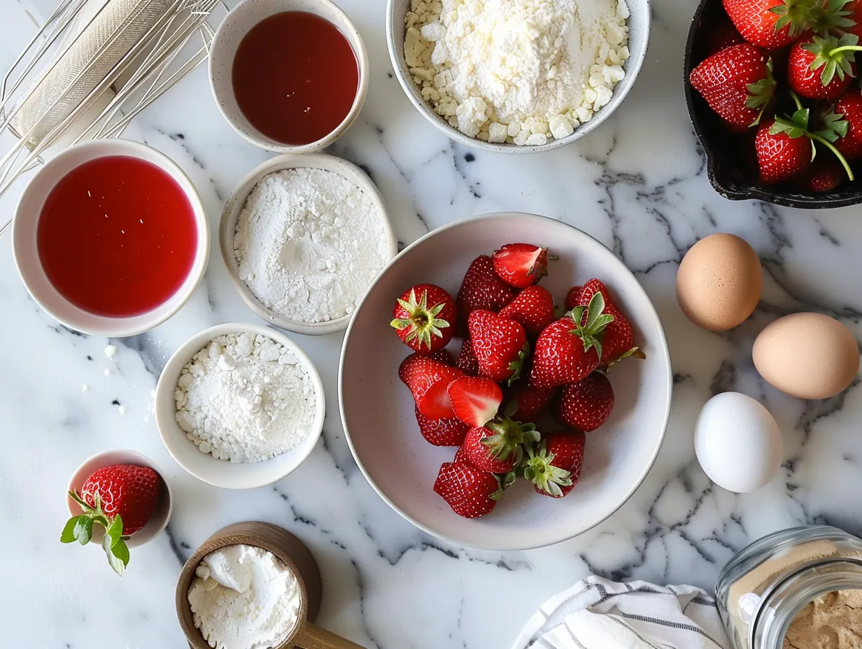 A collection of fresh ingredients including strawberries, butter, eggs, flour, and sugar, laid out on a wooden surface, ready to be used for making a delicious strawberry shortcake cake.