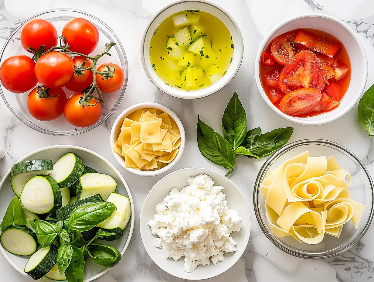 Fresh ingredients arranged for making vegetarian lasagna soup