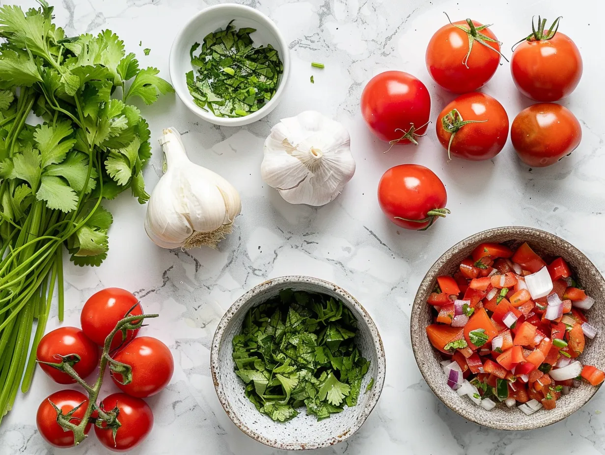 Fresh ingredients laid out for making Vegetarian Tortilla Soup, including vegetables, spices, and canned goods.