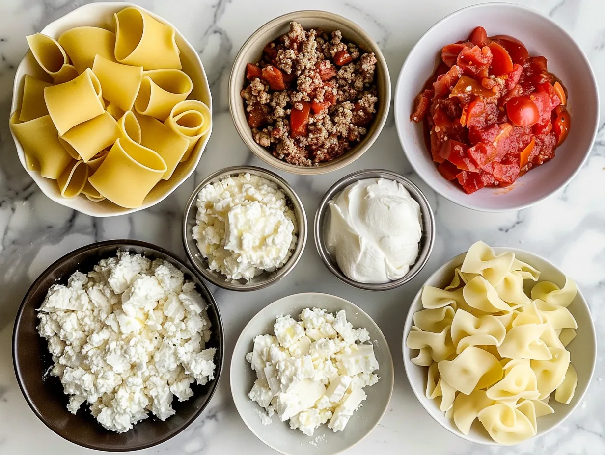 Fresh ingredients for making lasagna soup including sausage, tomatoes, and spices