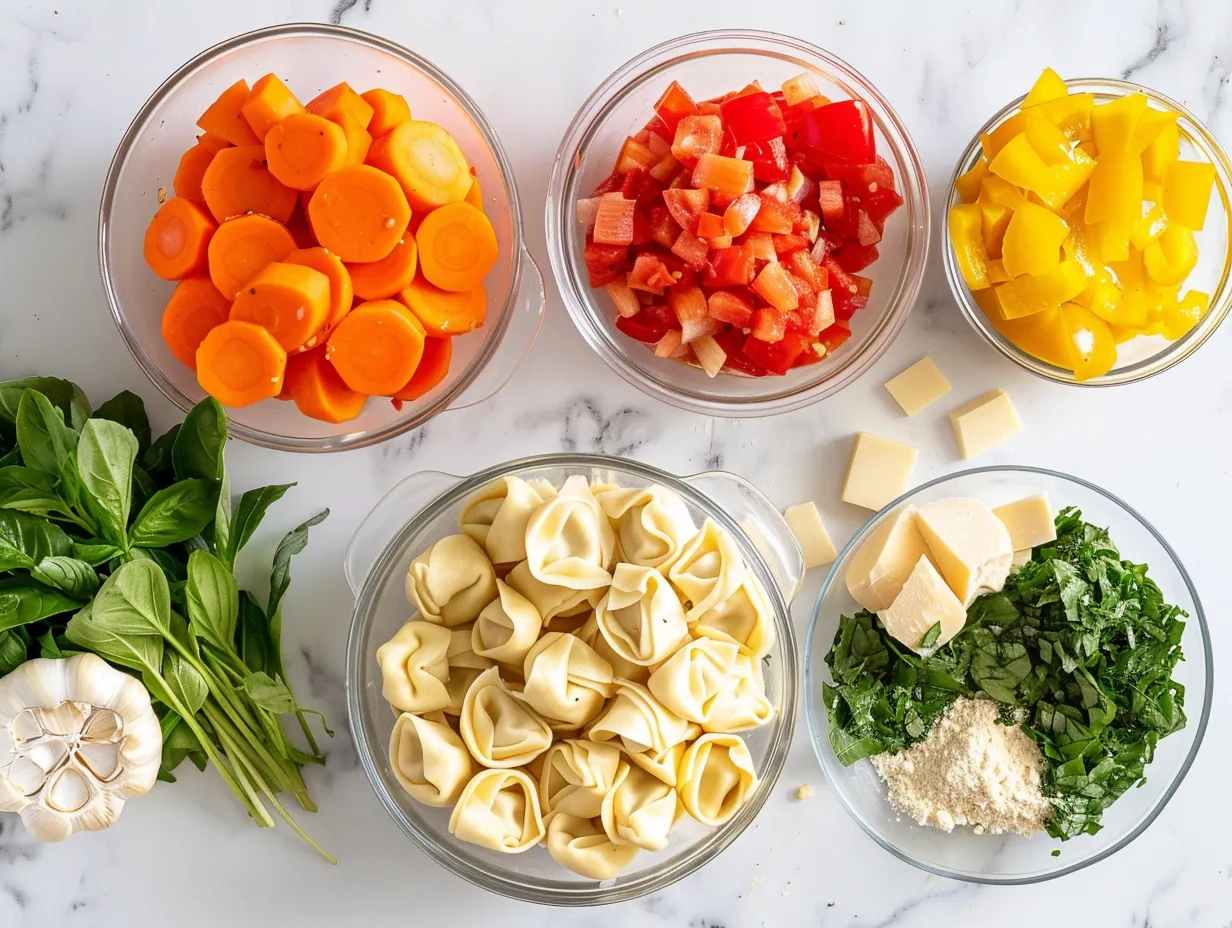 Fresh ingredients for making Tortellini Vegetable Soup including tortellini, spinach, and various vegetables