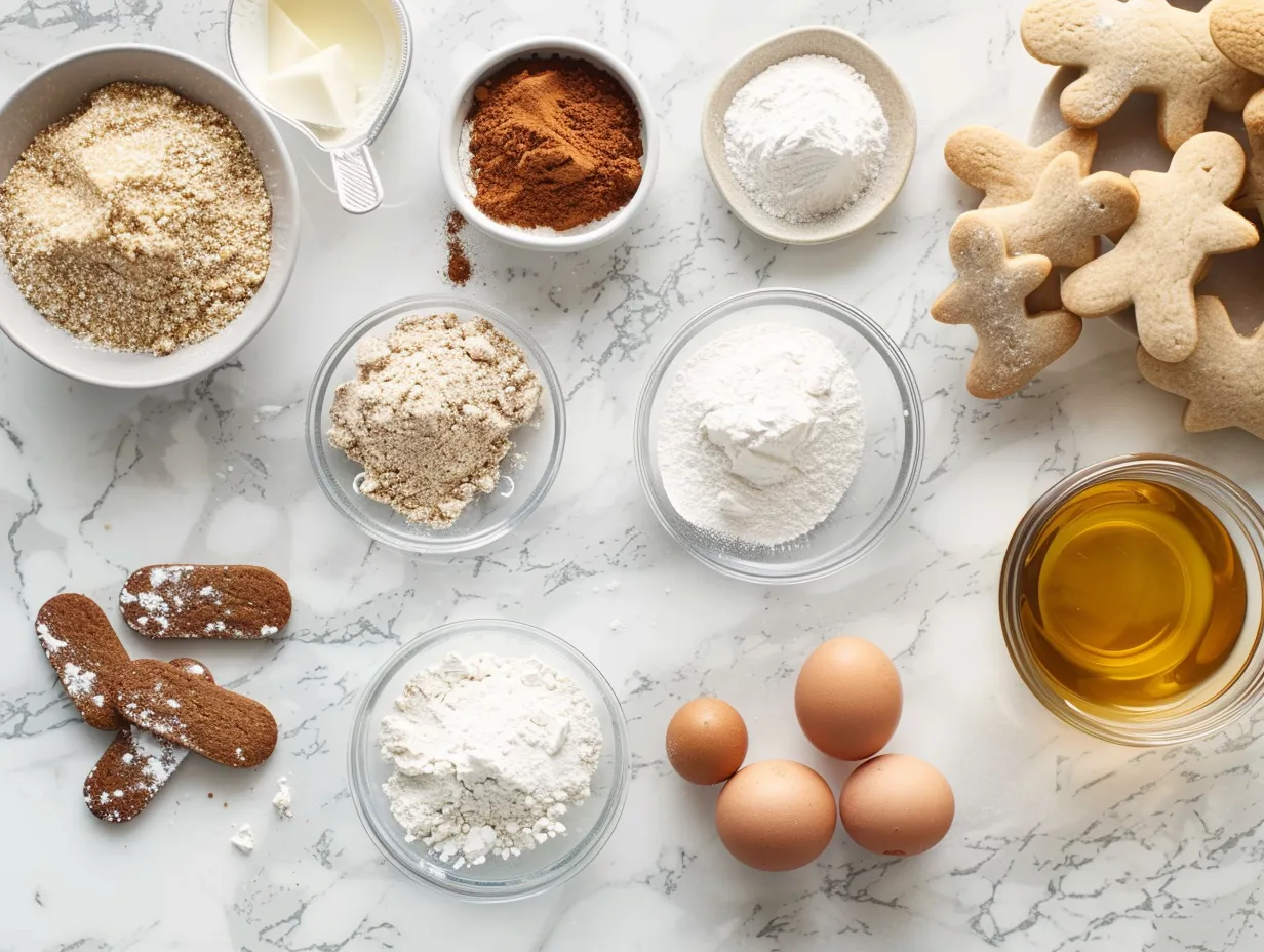 Gingerbread cookie ingredients, including flour, spices, butter, sugar, molasses, and eggs