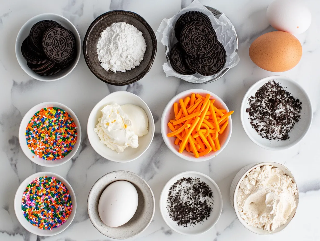 Ingredients for Halloween Swirl Oreo Cream Cheese Brownies including butter, sugar, eggs, vanilla extract, flour, cocoa powder, baking powder, salt, cream cheese, powdered sugar, orange extract, and Oreo cookies.