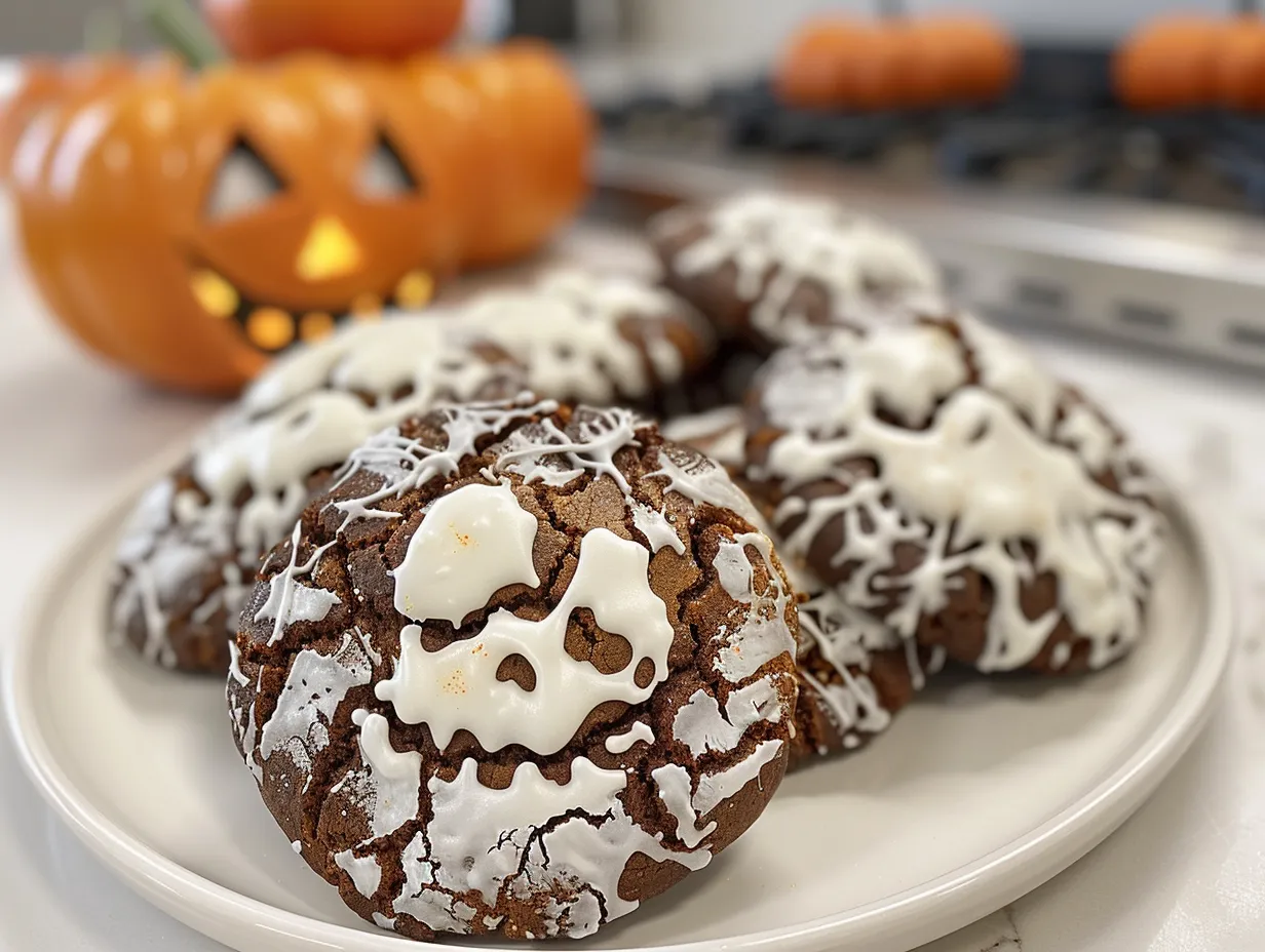 A batch of Halloween Crinkle Cookies dusted with powdered sugar on a wire rack.