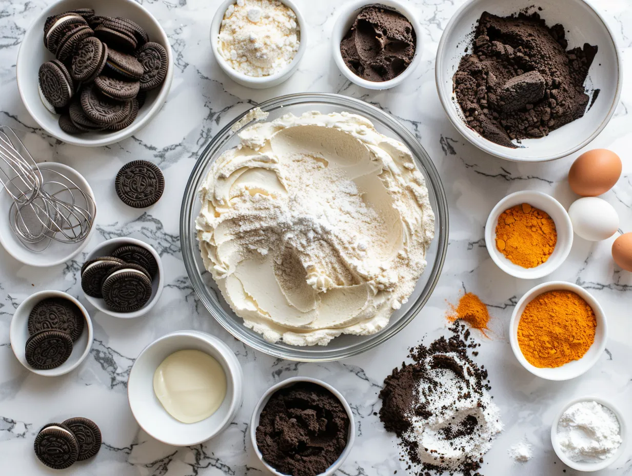 Ingredients for Halloween Oreo Dirt Cake including Oreos, pudding mix, whipped topping, and gummy worms