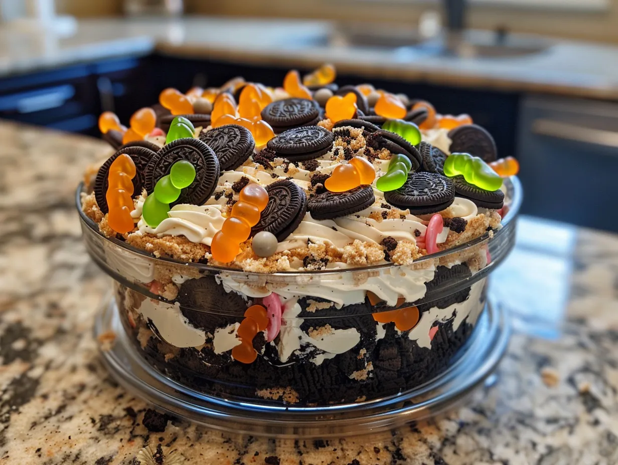 Finished Halloween Oreo Dirt Cake with gummy worms and candy pumpkins