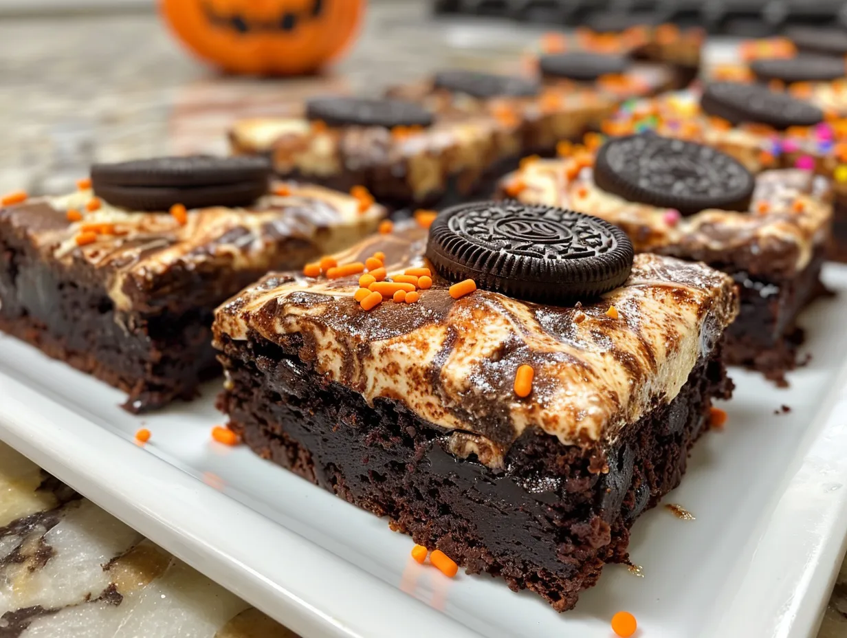 Deliciously displayed Halloween Swirl Oreo Cream Cheese Brownies