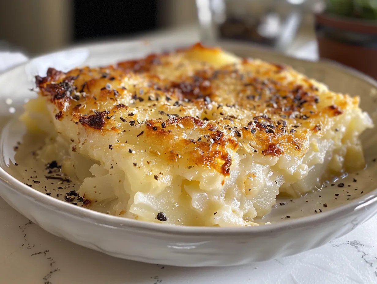 A delicious, plated serving of hashbrown casserole.