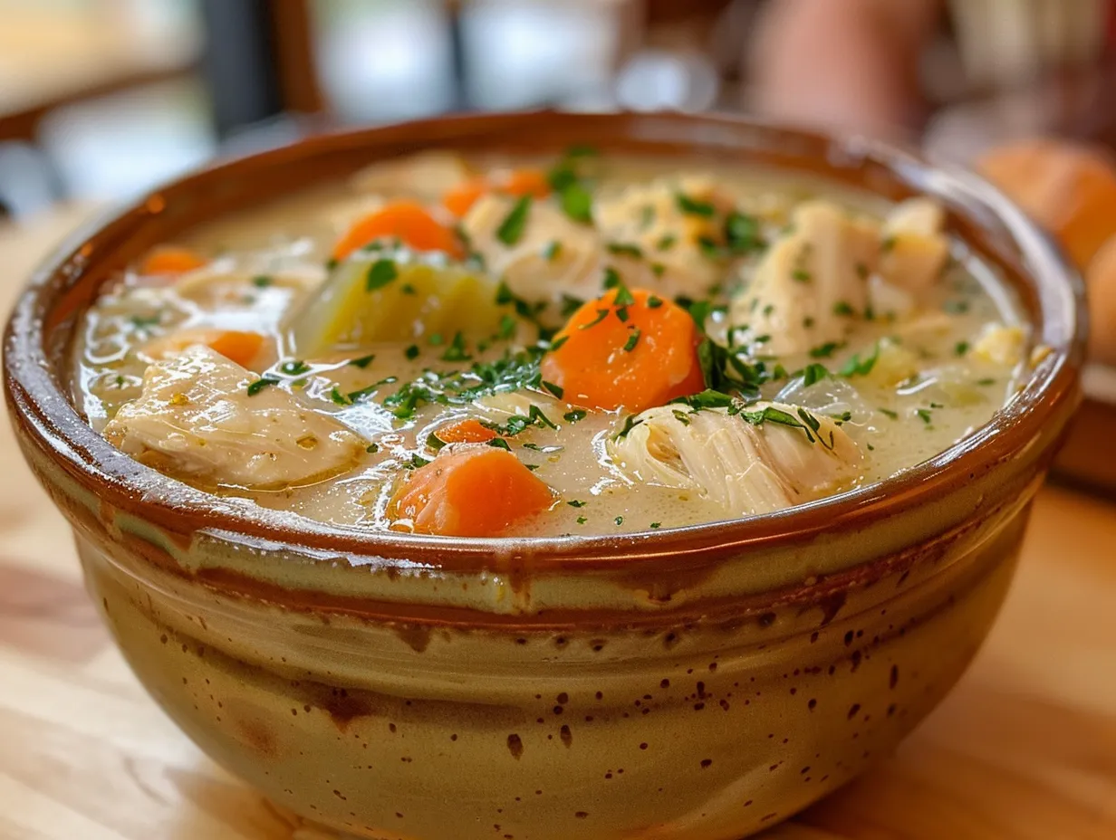 A comforting bowl of Chicken Pot Pie Soup, topped with golden pie crust pieces, showcasing its creamy texture and inviting presentation.