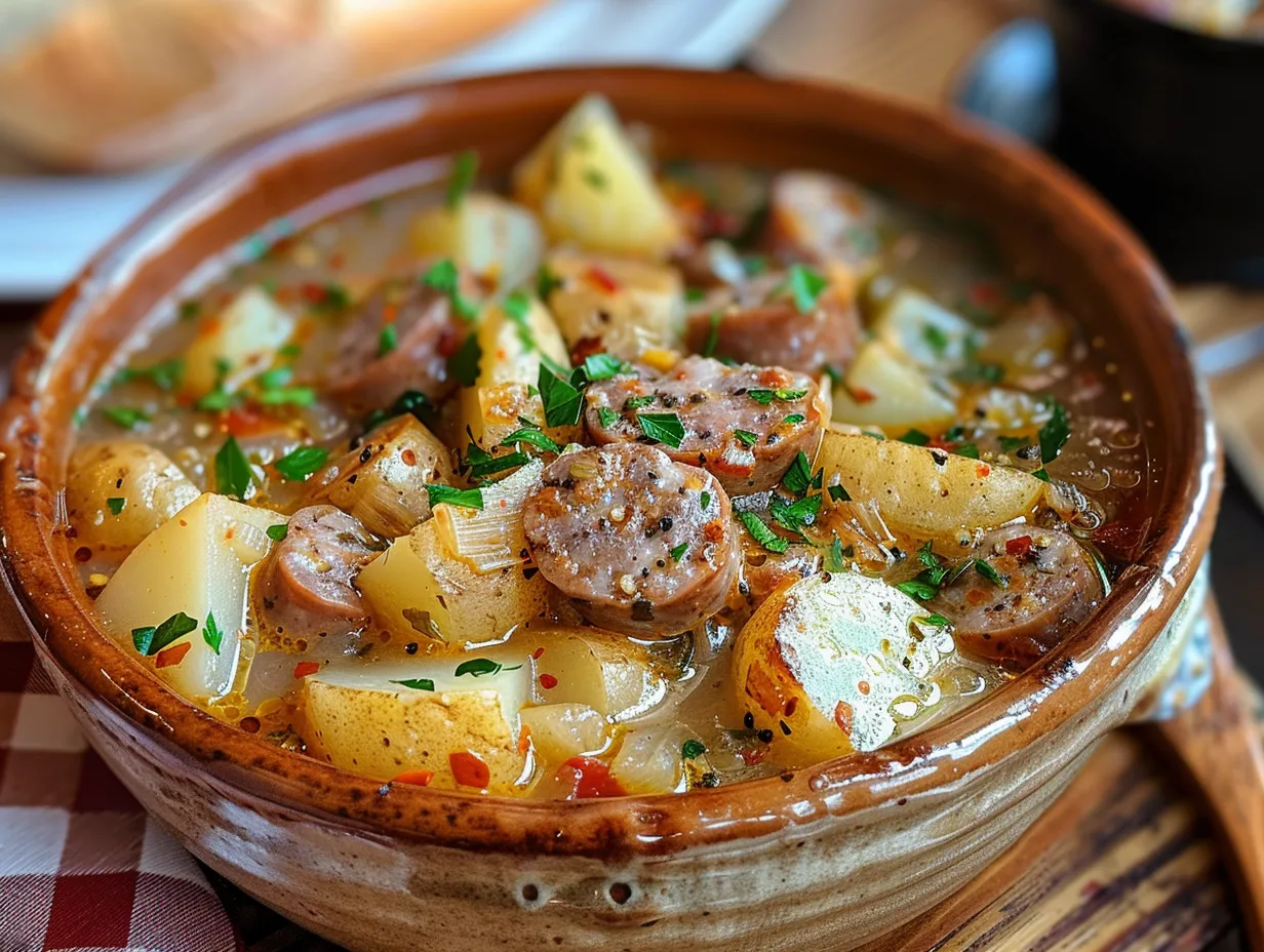 A bowl of hearty Italian Sausage and Potato Soup garnished with fresh parsley.
