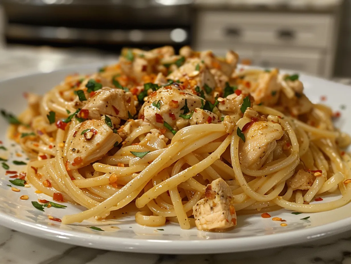 A close up shot of delicious, homemade Cowboy Chicken Linguine.