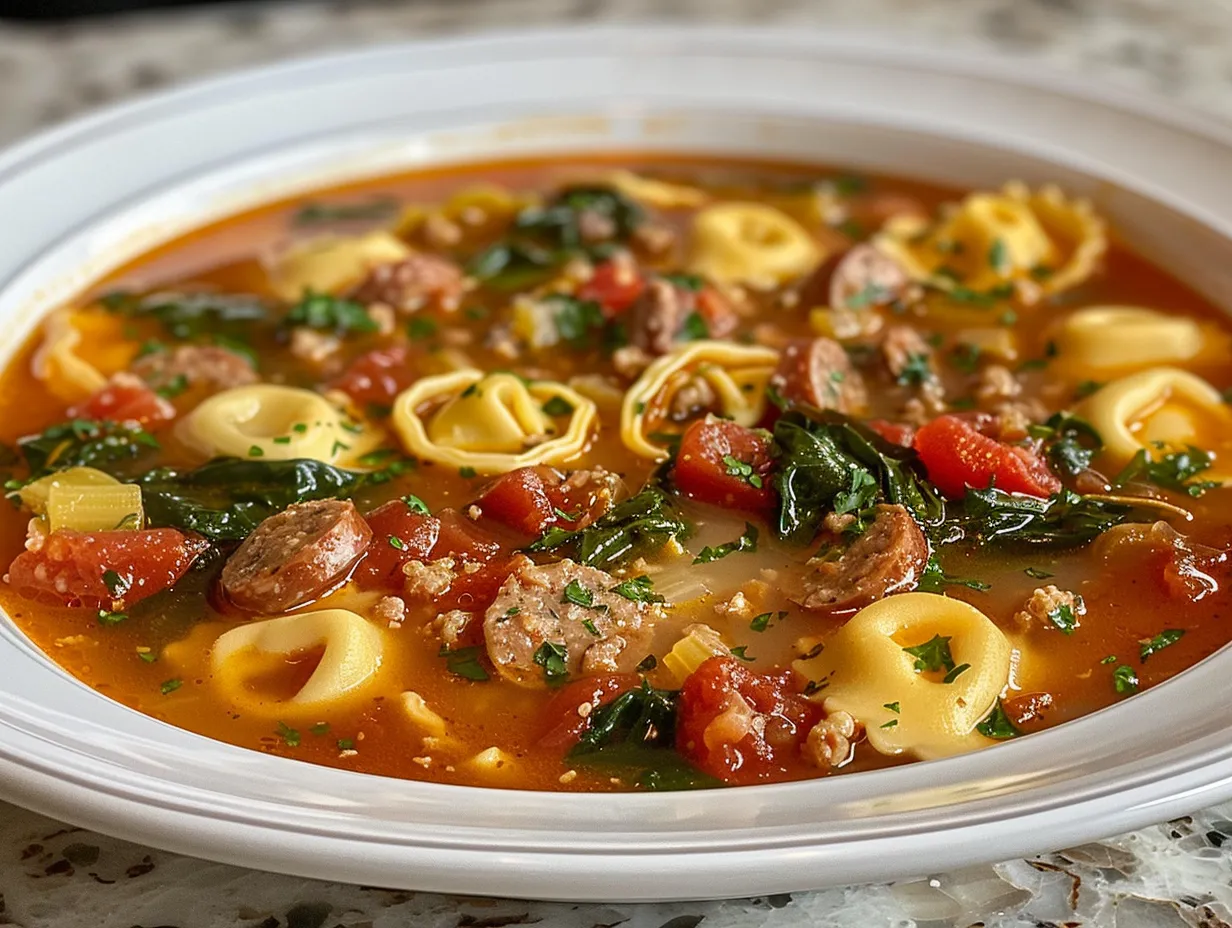 A comforting bowl of homemade sausage and tortellini soup, garnished with fresh herbs and a sprinkle of cheese.
