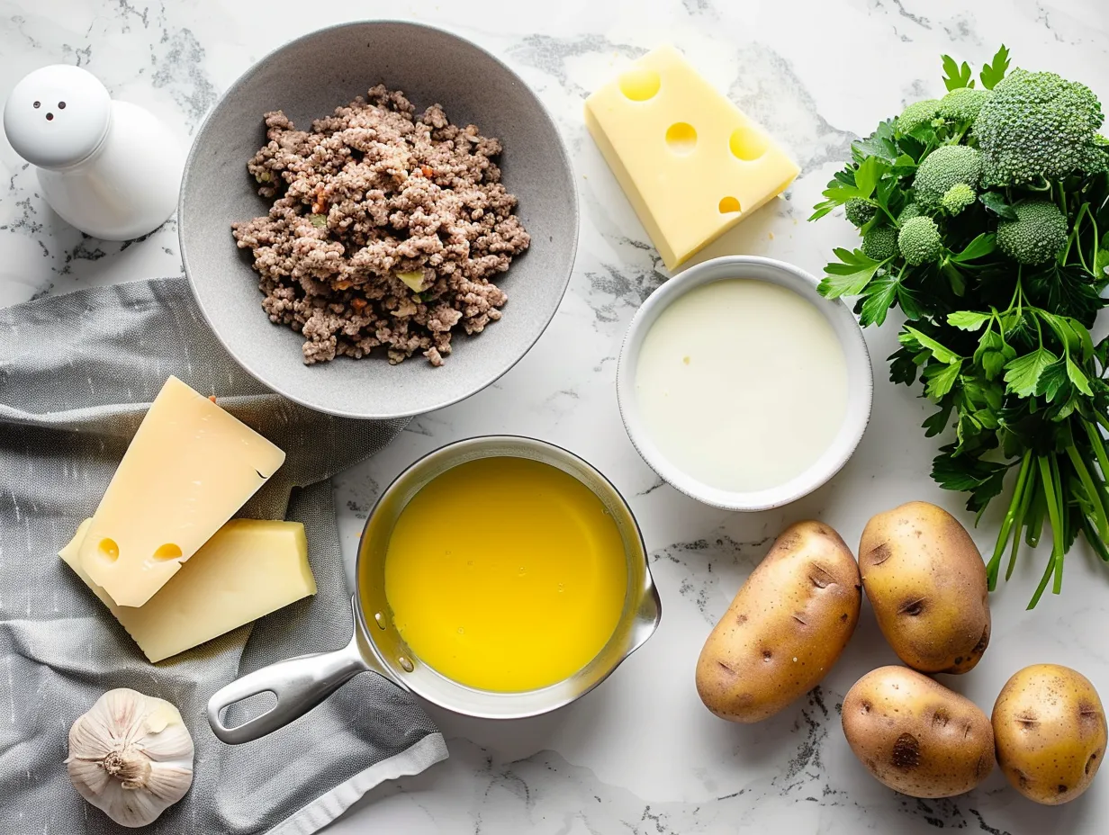 Ingredients for making Cheesy Hamburger Potato Soup.