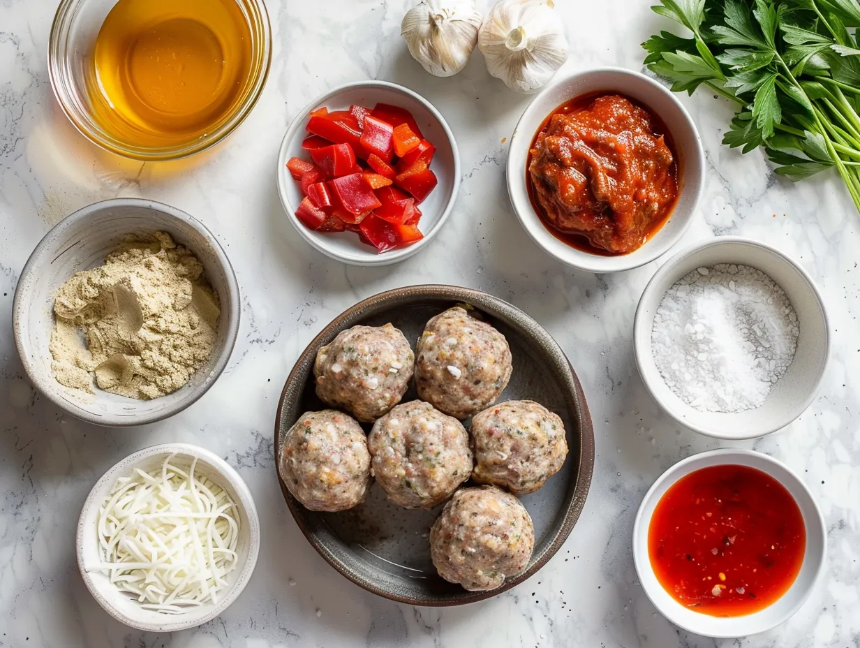 Ingredients for Cheesy Rotel Sausage Balls including sausage, Rotel, cream cheese, cheddar, and spices.