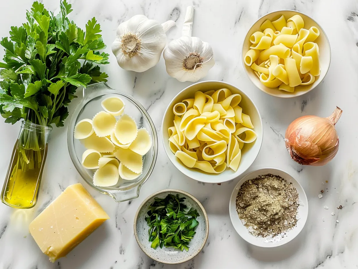 All the ingredients needed to make Creamy Pasta Soup laid out on a wooden surface.