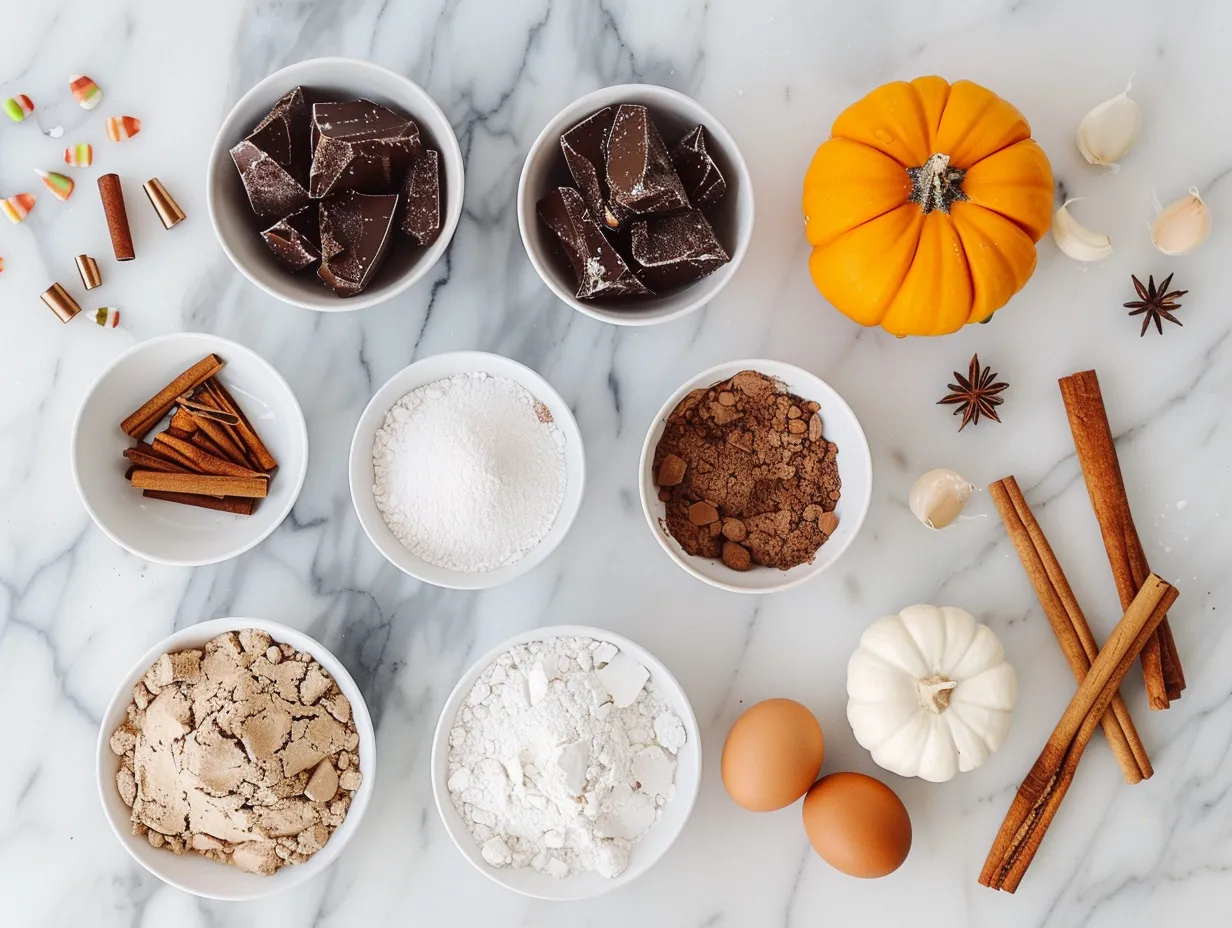 Ingredients for Halloween Crinkle Cookies on a dark wooden background
