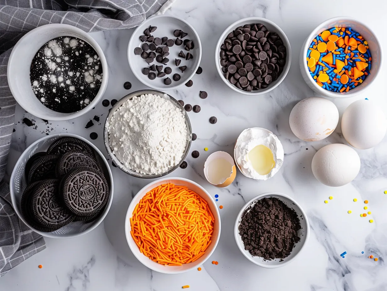Ingredients for making Halloween Oreo Brownie Bars including butter, sugar, cocoa powder, eggs, vanilla, flour, salt, Oreos, and sprinkles