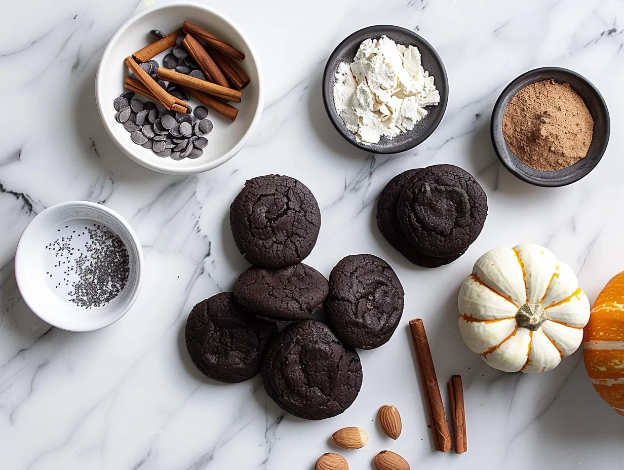 Ingredients for making Halloween Whoopie Pies Treat including flour, sugar, cocoa, and cream cheese.