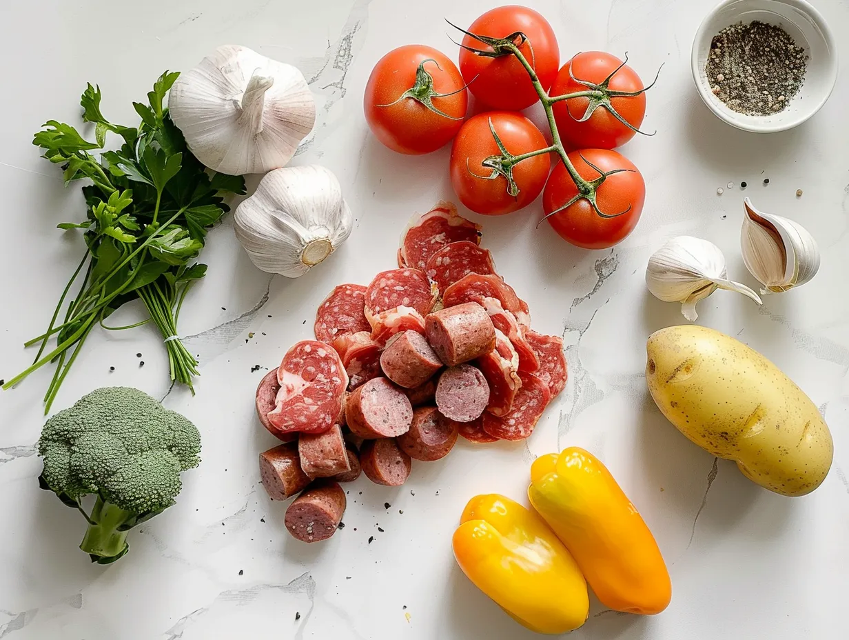 Ingredients for making Italian Sausage and Potato Soup including sausage, potatoes, onion, garlic, and herbs.