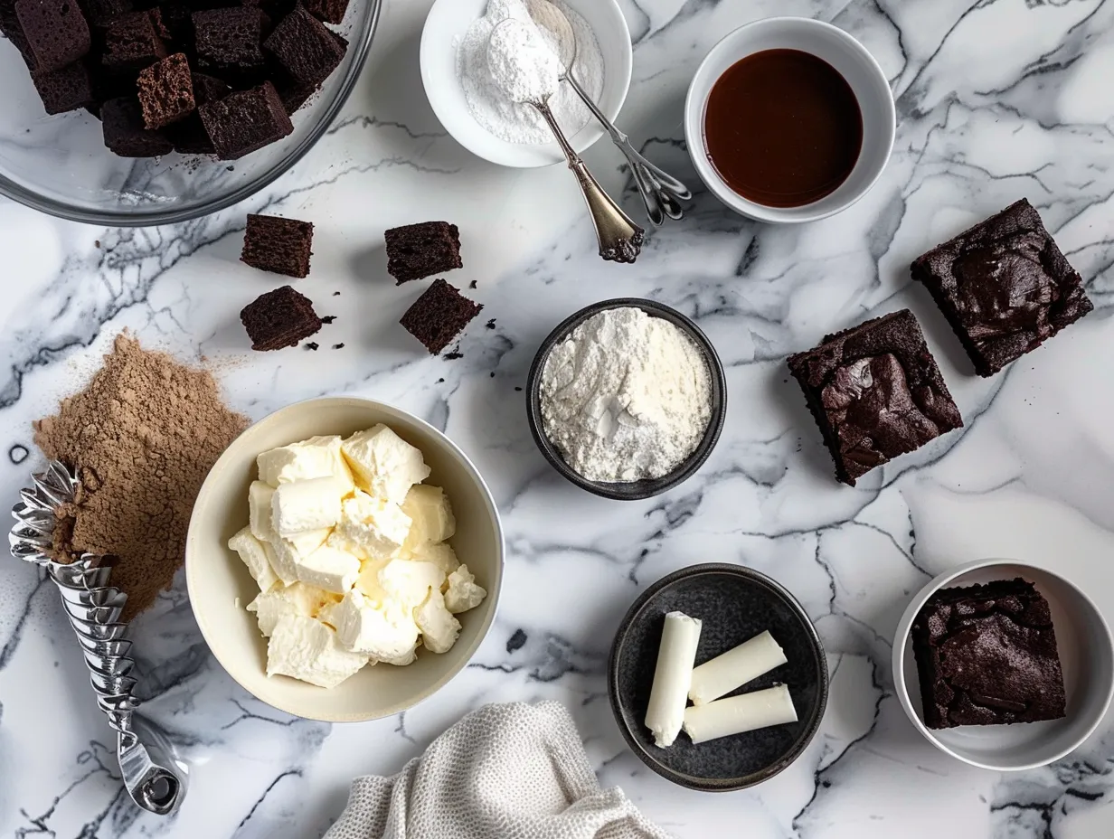 Ingredients for making Loaded Cream Cheese Halloween Brownies including butter, sugar, cocoa powder, eggs, and Halloween candy