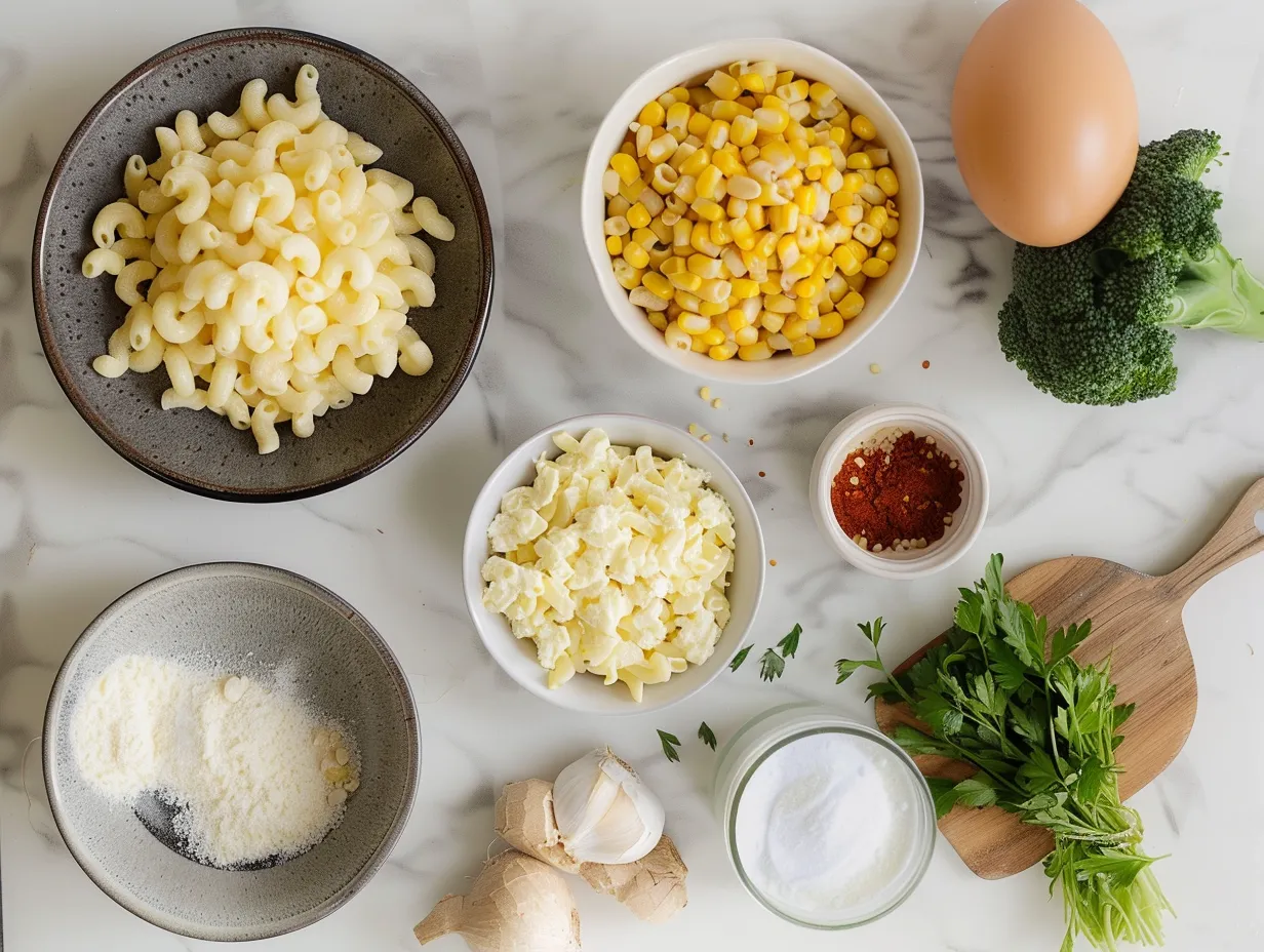 Ingredients for Macaroni Corn Casserole including macaroni, corn, cheese, and spices